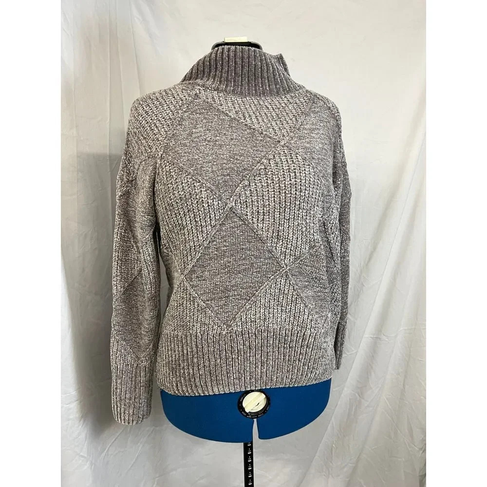 Cozy Diamond Pattern Knit Sweater Gray Pullover Crew Neck Long Sleeve sweater